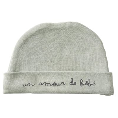 Bonnet doublé pur coton "Un amour de bébé" vert de gris